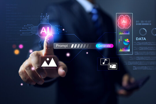 AI generative concept with businessman pointing on artificial intelligence to create prompt for command and generate ai to get output such as picture, music and video or data analysis
