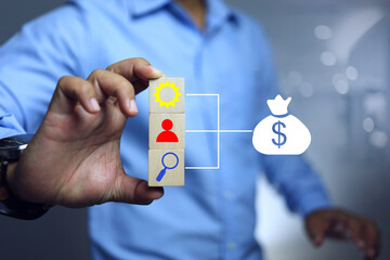 Cost structure concept with a man holding wooden block to show factor of asset cost need to manage...
