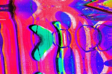 Vibrant glitch art with neon pink, green, purple. Retro 80s, futuristic style, trippy distortion,...