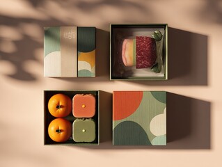 Modern Chuseok Gift Box Set: Korean Spam, Pear, Hanwoo Beef with Minimalist Geometric Background, Top-Down View