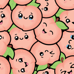 Seamless Kawaii Peach Pattern. Cute Fruit Background for Kids & Crafts