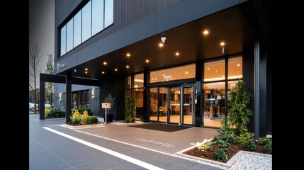 Modern Building with Large Glass Door and Prominent Signage in Urban Setting