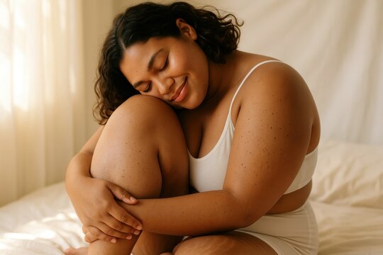 Confident Plus Size Woman Sitting on Bed, Self-Love and Body Positivity - Powered by Adobe