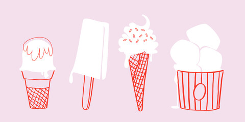 Ice cream illustration, sticker set. Vanilla cone, Sorbet, Frozen yogurt, gelato, popsicle Italian Cold desserts. Vector doodle sketch clipart for AD, social media, branding, design template, print