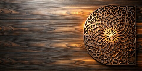 Intricate Wooden Ornament on Dark Wood Background, Elegant Design with Circular Pattern and Floral Motifs, Perfect for Decorative or Craft Projects