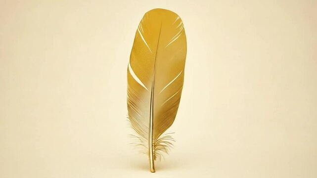 A radiant golden feather stands elegantly upright against a soft, neutral background.