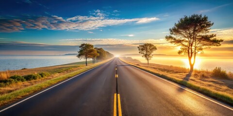 Asphalt ribbon unwinding towards a radiant sunrise over tranquil waters, framed by the silhouettes of trees on a misty morning