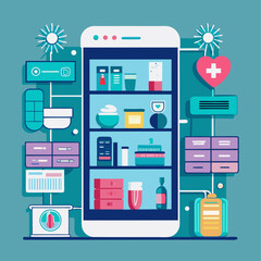 A cell phone screen shows a grocery list with a heart on it. The list includes items such as medicine, food, and toiletries
