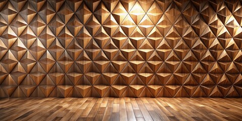 Illuminated Wooden Triangular Geometric Wall Paneling and Hardwood Floor Interior Design Concept