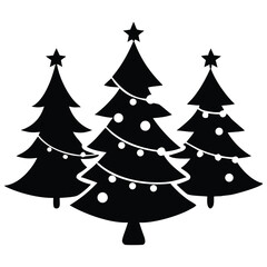Fototapeta premium A festive set of green Christmas pine trees with snow, stars, and snowflakes, perfect for winter holiday celebration vector illustrations