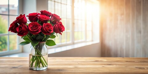 A vibrant bouquet of deep red roses, arranged in a clear glass vase, sits elegantly on a light brown wooden table, bathed in the warm glow of sunlight streaming through a nearby window.