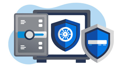 A blue and silver safe with a blue and silver shield on top of it. The safe is open and the shield is closed