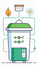 A green trash can with a plant next to it. The trash can is connected to a smart device