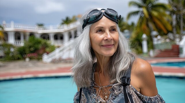 Senior woman outdoors near pool - Powered by Adobe