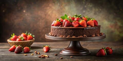 A decadent chocolate cake, adorned with fresh strawberries and almonds, sits elegantly on a dark wooden cake stand.  The rich, dark background enhances the vibrancy of the dessert.