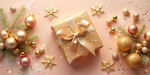 A Luxurious Gift Presentation with Elegant Gold and Rose Gold Ornaments and Festive Decorations