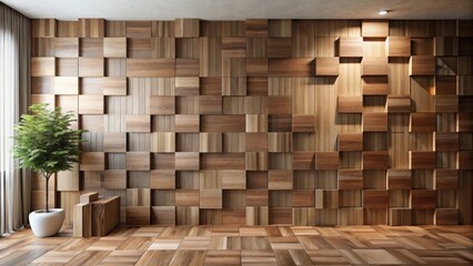 Modern interior design featuring a geometric wooden wall arrangement and hardwood floors