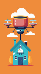 A cartoon drawing of a drone with a camera on top of it. The drone is orange and blue and is flying over a yellow background. The drawing has a playful and futuristic vibe