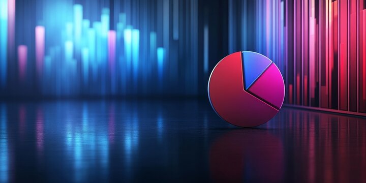 A futuristic 3D pie chart with glowing digital data bars in the background. Ideal for websites/blogs on data visualization, business intelligence, technology, or financial analytics.

