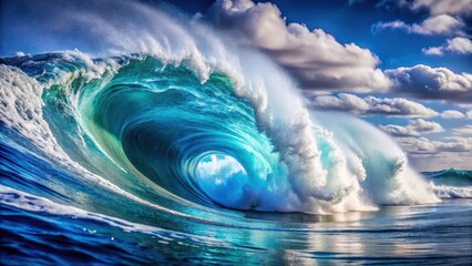 A Majestic Ocean Wave A breathtaking view of a powerful, curling wave with vibrant turquoise and white colors, crashing under a dramatic sky filled with fluffy clouds.