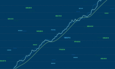 Stock market chart moving up, rising share prices, profit. Data, success, positive, growth, trading, risk, volatility, investment. 3D illustration