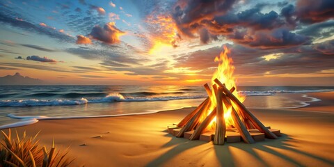 Serene Beach Bonfire at Sunset  A fiery spectacle against a vibrant sky and tranquil ocean waves