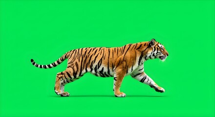 Walking Tiger with Striped Fur Isolated on Green Screen Background