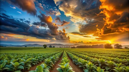 Serene Sunset over a Vast Tobacco Plantation, Rows Extending to the Horizon under a Dramatic Sky with Fiery Hues and Dark Clouds
