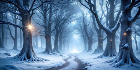 A solitary figure walks a snow-covered path through an enchanting winter forest, the trees glowing with ethereal light, a mystical scene of serene beauty and tranquility.