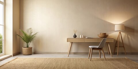 Serene Minimalist Home Office Design Featuring Light Wood Desk, Comfortable Chair, and Natural Decor