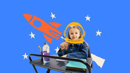 Mixed media collage. Schoolgirl in astronaut helmet with rocket and stars. Concept of back to...