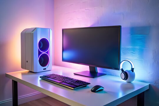 A modern gaming computer setup with rgb lighting on a white desk in a room