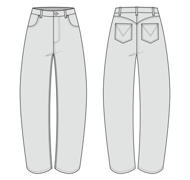 Vector fashion technical drawing of a barrel leg denim jeans with front and back view. Front pockets.  Metal button and rivets. Belt loops. Back pockets. Back yoke. Woven fabric. 