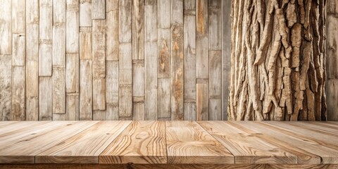 Rustic Wooden Tabletop Display Against Weathered Plank Wall and Tree Trunk Background