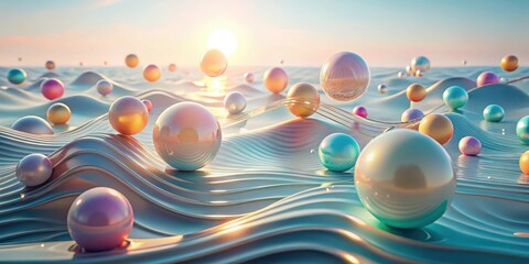 Serene Sunset Over a Landscape of Iridescent Spheres Resting on Gentle Undulating Waves