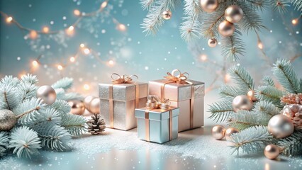 Festive Winter Scene with Elegantly Wrapped Gifts and Sparkling Ornaments