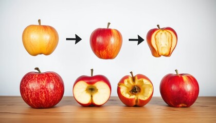 Apple stages whole, halved, eaten