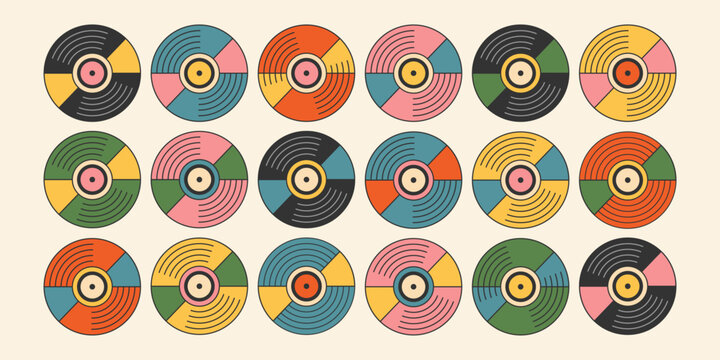 Set of hand drawn flat colored old music vinyl record of different colors in retro flat groovy style, element for logo, poster, disco 60s, 70s, 80s, 90s. Vector illustration eps10	