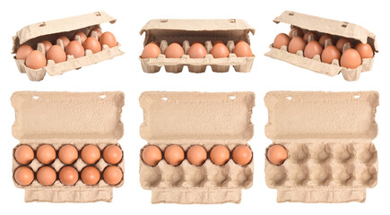Set of Open egg box with brown eggs isolated on white background with clipping path.