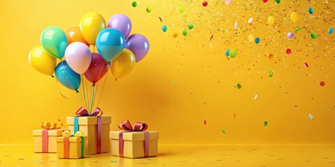Joyful Celebration A Cluster of Colorful Balloons Ascends Above a Trio of Gift Boxes, Surrounded by Festive Confetti on a Vibrant Yellow Background