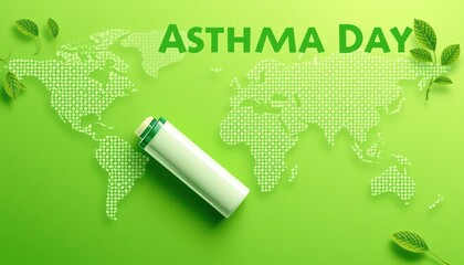 Asthma inhaler on world map, green background