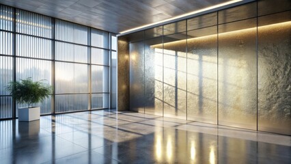 Modern minimalist interior design featuring a textured gold wall and large window with filtered sunlight