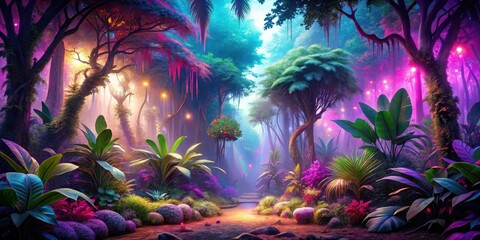 Enchanted Path Through a Mystical, Luminescent Rainforest with Vibrant Flora and Glowing Trees