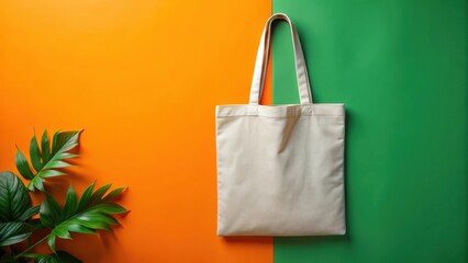 A Blank Tote Bag on Vibrant Orange and Green Background with Lush Tropical Foliage