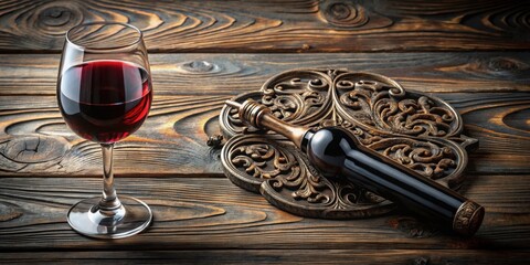 A glass of red wine rests beside an ornate bottle stopper on a dark wooden surface.