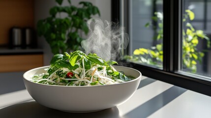 Aromatic Bowl of Freshly Prepared Food with Lush Green Plant Background