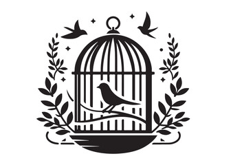 bird in a cage logo design silhouette vectors illustration, bird in a cage silhouette vector logo, silhouette birdcage vector logo, vintage black birdcage logo silhouettes vector on a white background