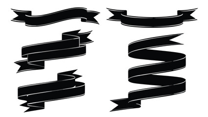 Collection of black ribbons with silver trim in various shapes and orientations on a white background