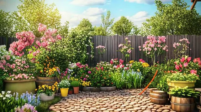 Blooming garden with cobblestone path and cozy cottage on sunny day