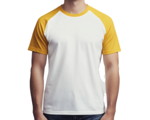 A man models a stylish white raglan shirt with short yellow sleeves against a transparent backdrop for clothing design mockups